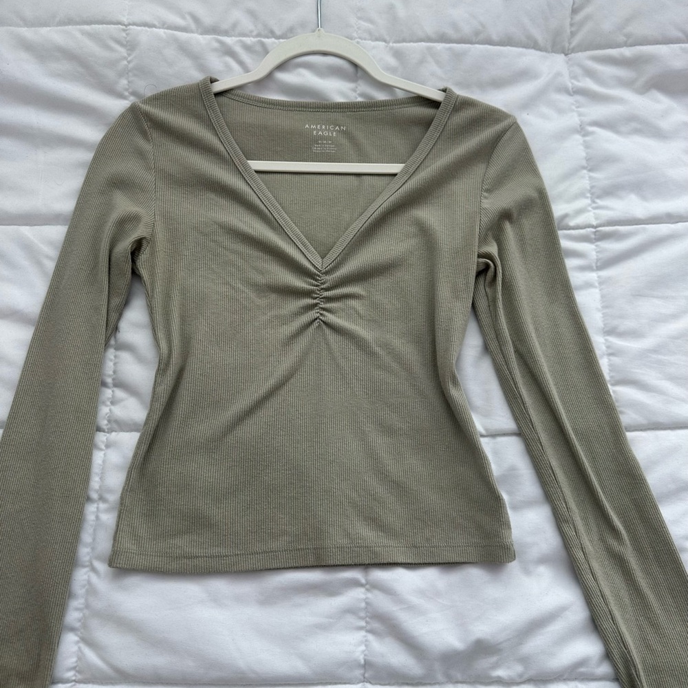 American Eagle Outfitters Olive V-Neck Long Sleeve Top